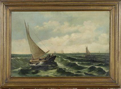 Appraisal: Early th C School Sailboat with Fishermen Oil on canvas