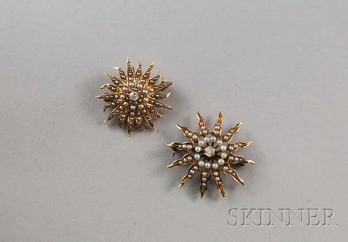 Appraisal: Two kt Gold Seed Pearl and Diamond Sunburst Brooches