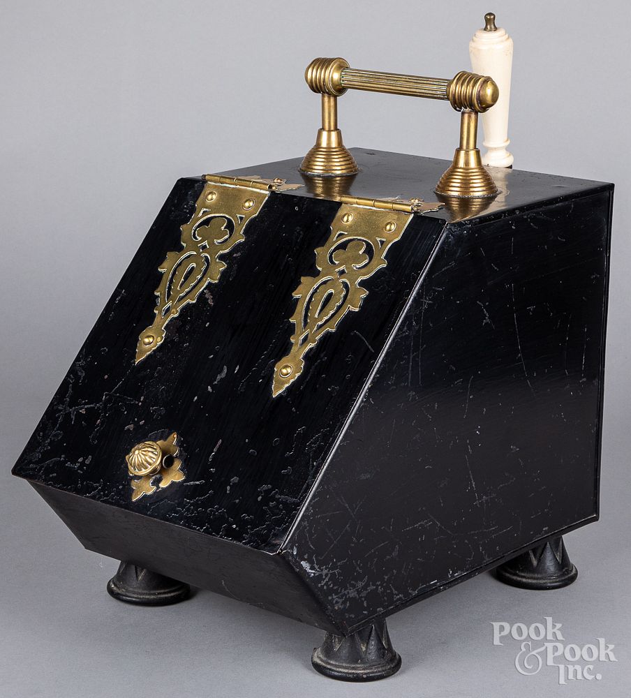 Appraisal: Brass mounted and ebonized metal coal scuttle Brass mounted and