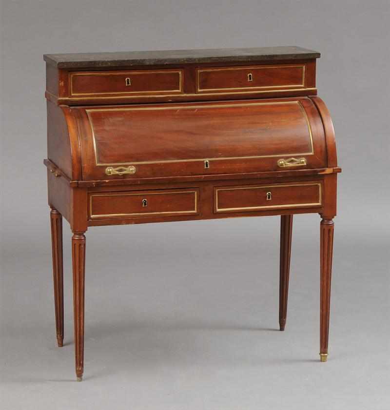 Appraisal: LOUIS XVI METAL-MOUNTED MAHOGANY BUREAU CYLINDRE The superstructure with marble