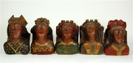 Appraisal: SET OF FIVE CONTINENTAL POLYCHROME PAINTED MASK BRACKETS TH CENTURY