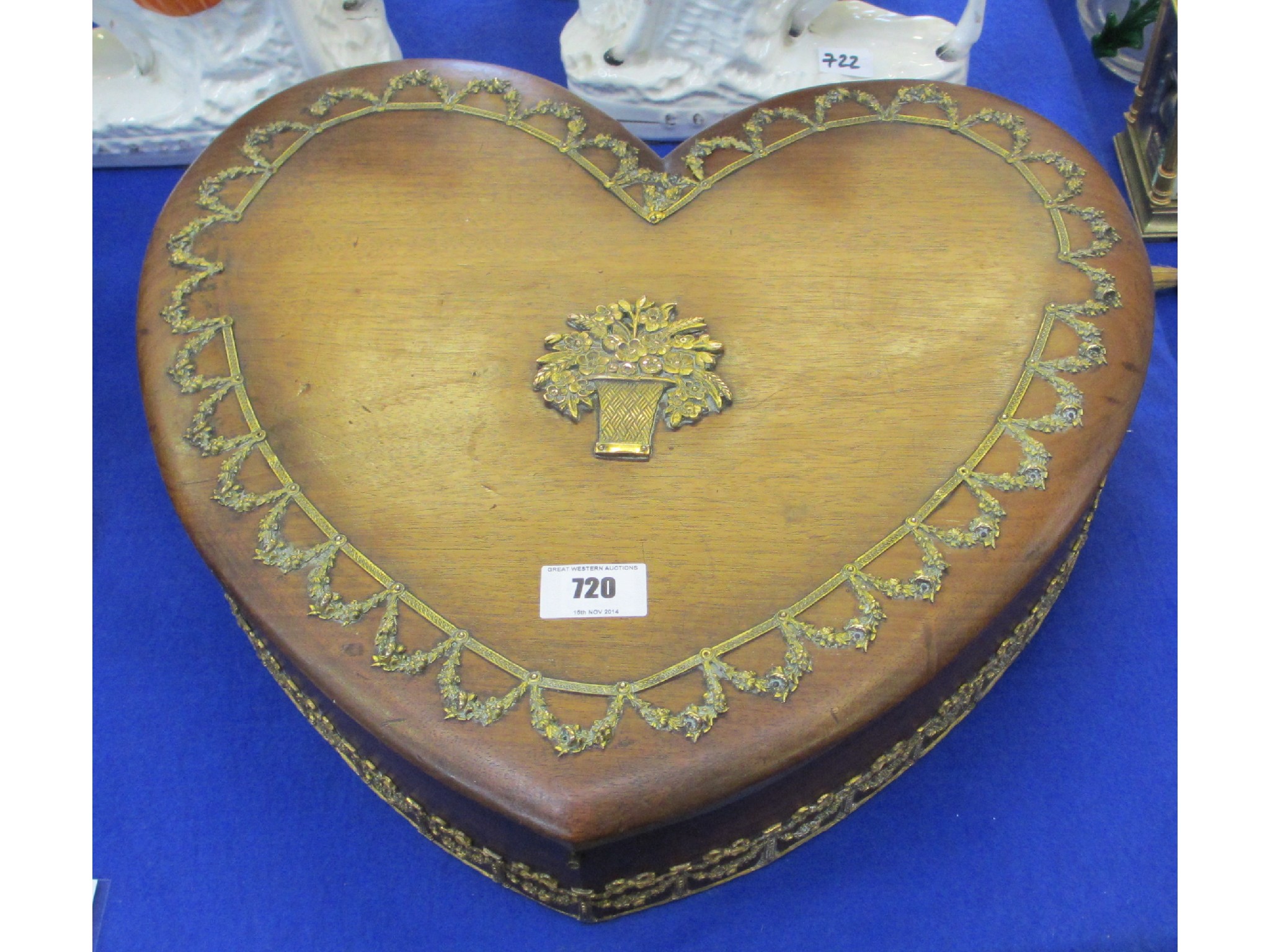 Appraisal: Victorian heart shaped wooden sewing box surmounted in brass on