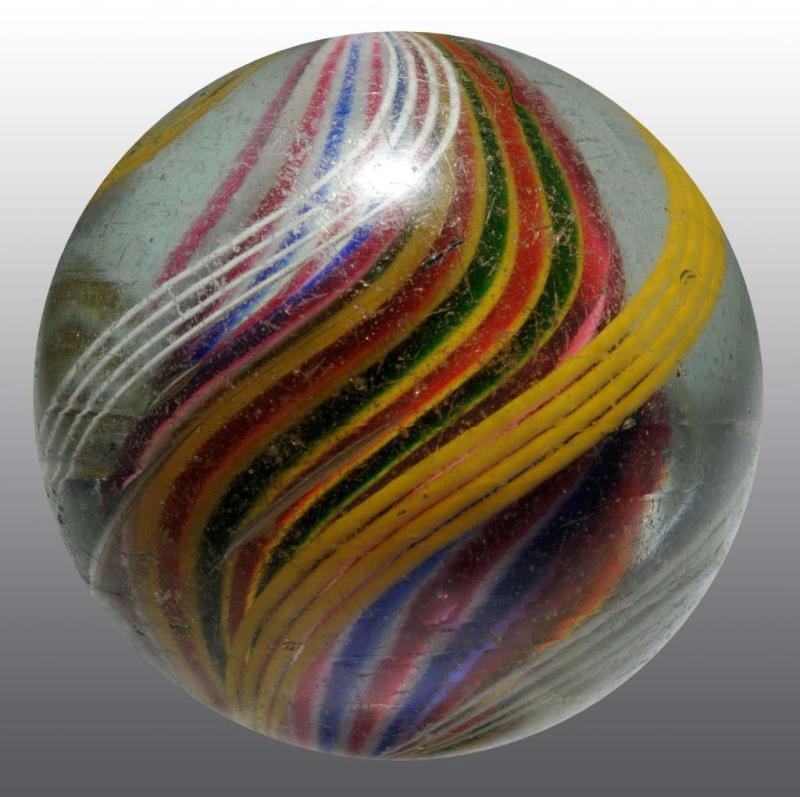 Appraisal: Faceted Pontil Divided-Core Ribbon Marble Description Multiple colored ribbons of