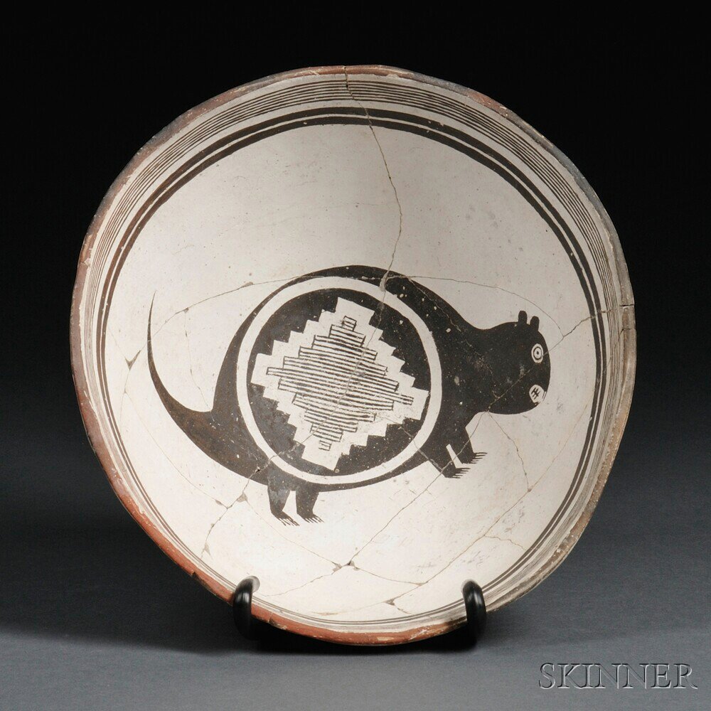 Appraisal: Mimbres Black and White Pictorial Pottery Bowl the interior decorated