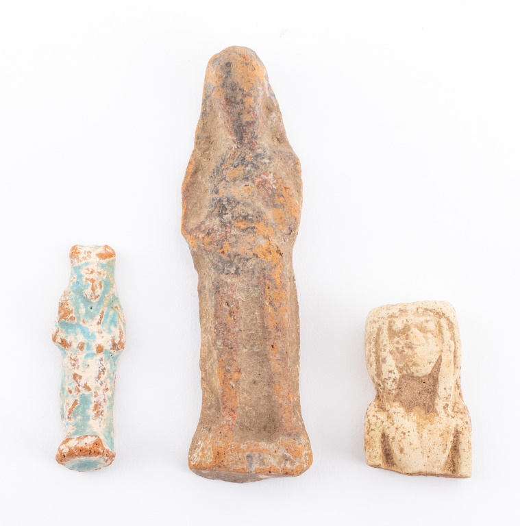 Appraisal: EGYPTIAN FAIENCE USHABTI FIGURES Three Ancient Egyptian faience clay ceramic