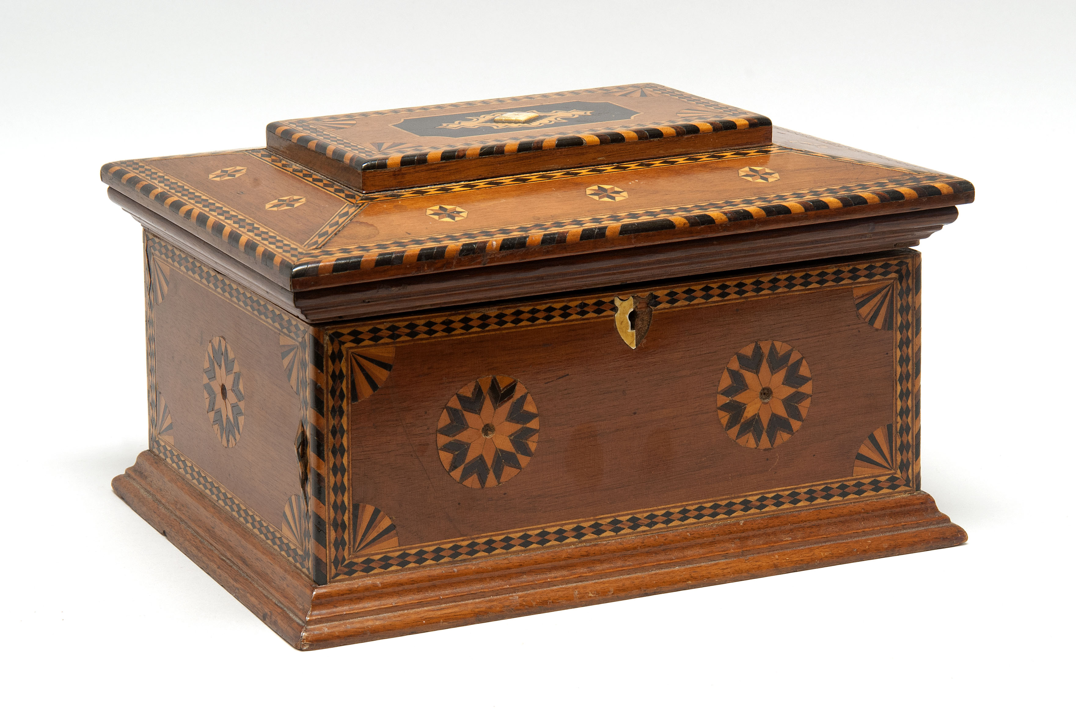 Appraisal: PARQUETRY-INLAID LIFT-TOP JEWELRY BOX Circa In rectangular form with ribbon