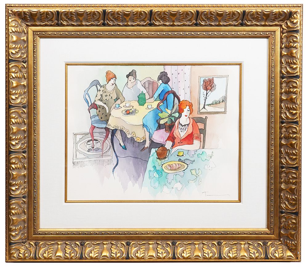 Appraisal: Tarkay Watercolor 'Ladies at Lunch' Gilt Frame Itzchak Tarkay Israel