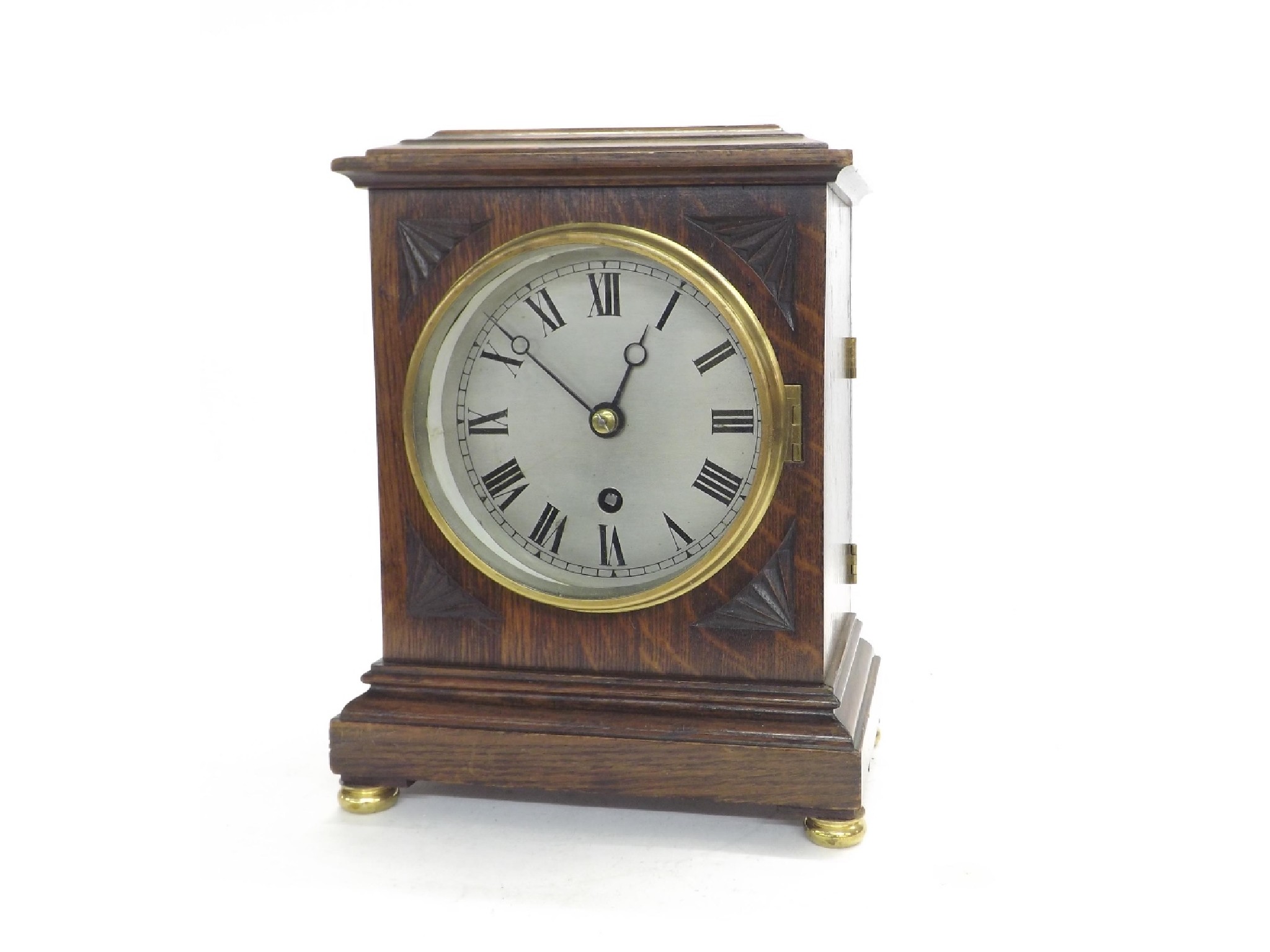 Appraisal: Oak single fusee mantel clock the silvered dial within a