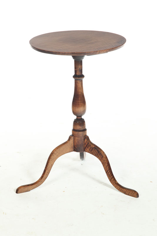 Appraisal: FEDERAL CANDLESTAND American early th century curly maple Tripod base