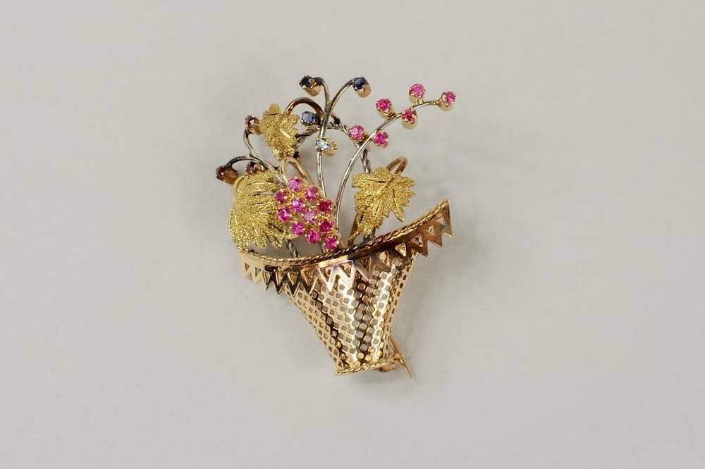 Appraisal: K Gold Flower Basket Pin Rubies Sapphires K gold flower