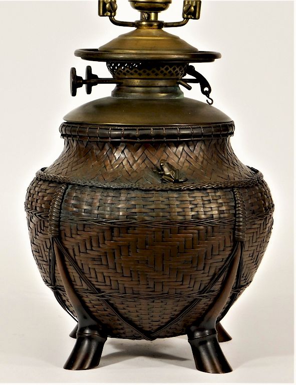 Appraisal: C Japanese Ikebana Woven Bronze Basket Lamp Japan th Century