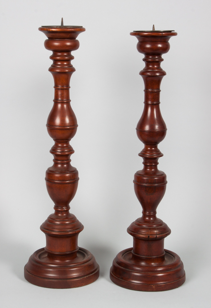 Appraisal: Pair of ecclesiastical style pricket candlesticks th century turned mahogany