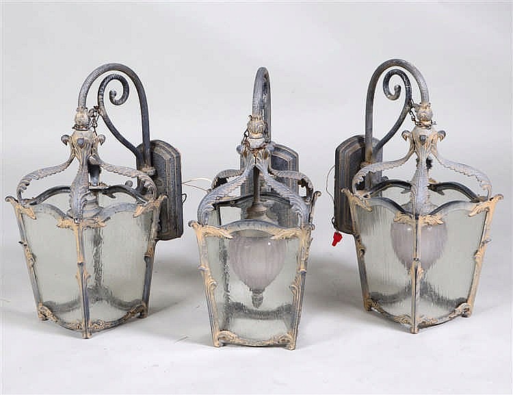 Appraisal: SET OF THREE PATINATED METAL GLASS COACH LANTERNSEn suite with