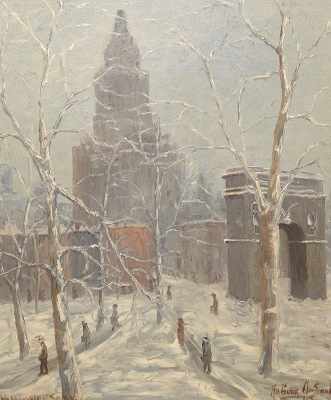 Appraisal: Ragnar Olson American - Washington Square in Snow Jan Oil