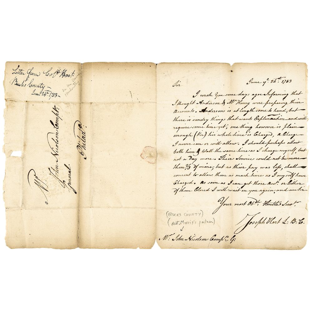 Appraisal: Col JOSEPH HART Letter Signed to John Nicholson Comptr General