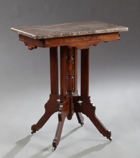 Appraisal: American Eastlake Carved Walnut Marble Top Side Ta American Eastlake