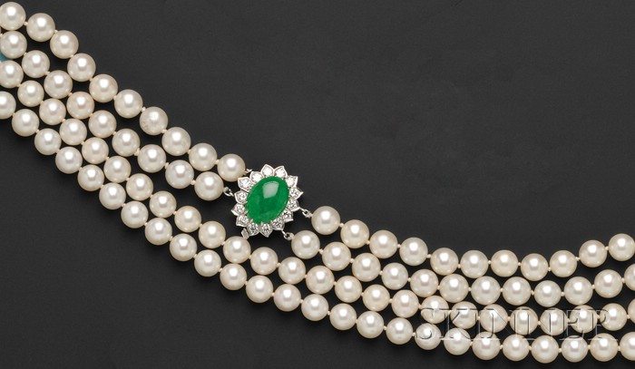 Appraisal: Cultured Pearl Jadeite and Diamond Necklace the two strands composed