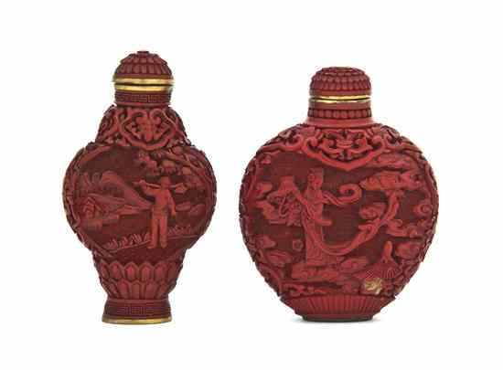 Appraisal: Two Cinnabar Lacquer Snuff Bottles both having carved figural scenes