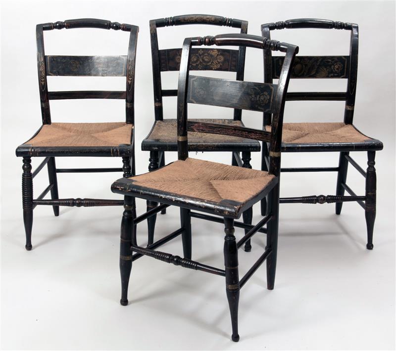 Appraisal: Assembled Group of Ten Federal Black-Painted and Stenciled Rush-Seat Side