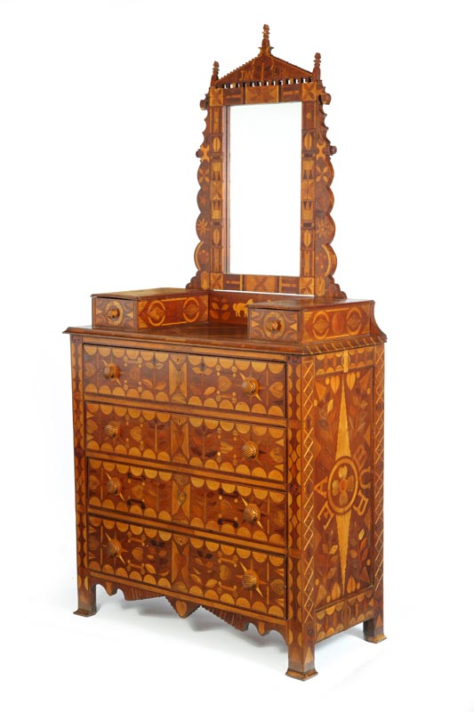 Appraisal: INLAID DRESSER American late th century mixed woods Intricately inlaid