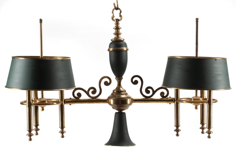 Appraisal: French Billiard Chandelier tole shades bell-form down light flanked by