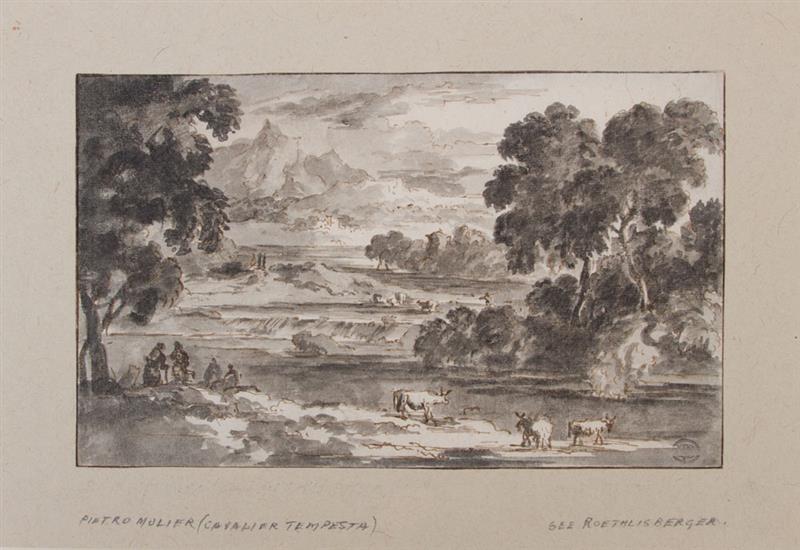 Appraisal: EUROPEAN SCHOOL LANDSCAPE WITH BRIDGE Ink and wash on paper