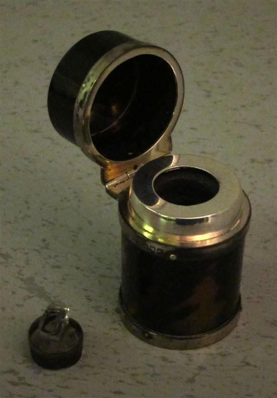 Appraisal: Late Victorian tortoiseshell and silver mounted travelling inkwell of cylindrical