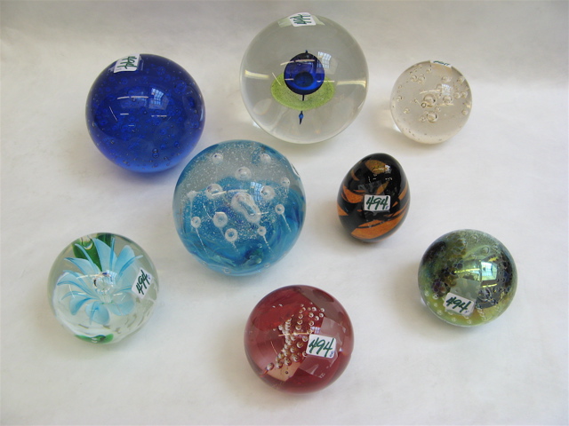 Appraisal: COLLECTION OF EIGHT ART GLASS PAPERWEIGHTS includes globes cobalt blue