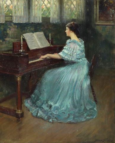 Appraisal: Framed oil painting on board Lady in Blue Playing Piano