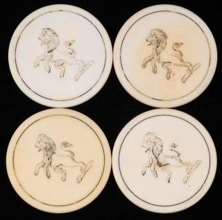 Appraisal: Four Standing Lion Ivory Poker Chips English ca Scrimshawed standing