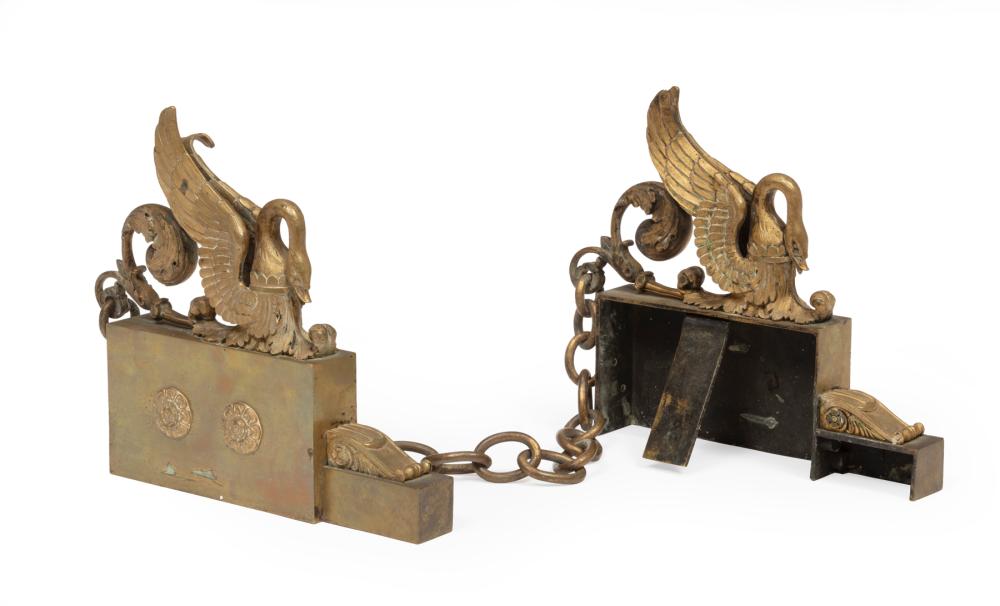 Appraisal: Pair of Empire Bronze Figural Chenets th c swan and