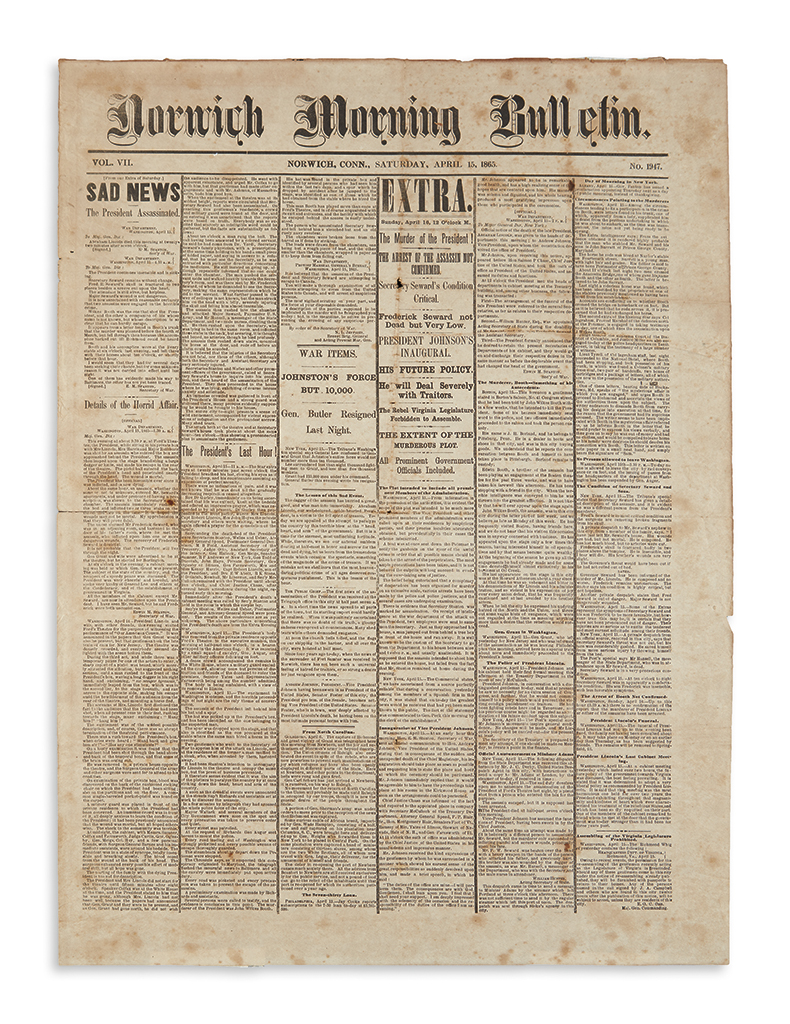 Appraisal: LINCOLN ABRAHAM Broadside assassination extra of the Norwich Morning Bulletin