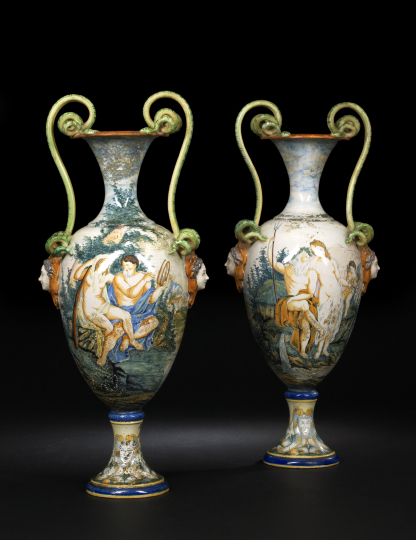 Appraisal: Monumental Pair of Italian Majolica Double Serpent-Handled Garniture Vases fourth