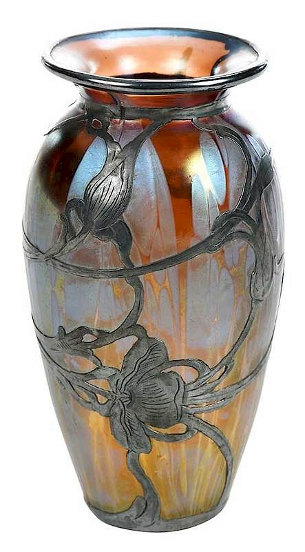 Appraisal: Silver Overlay Iridescent Glass Vase American early th century iridescent