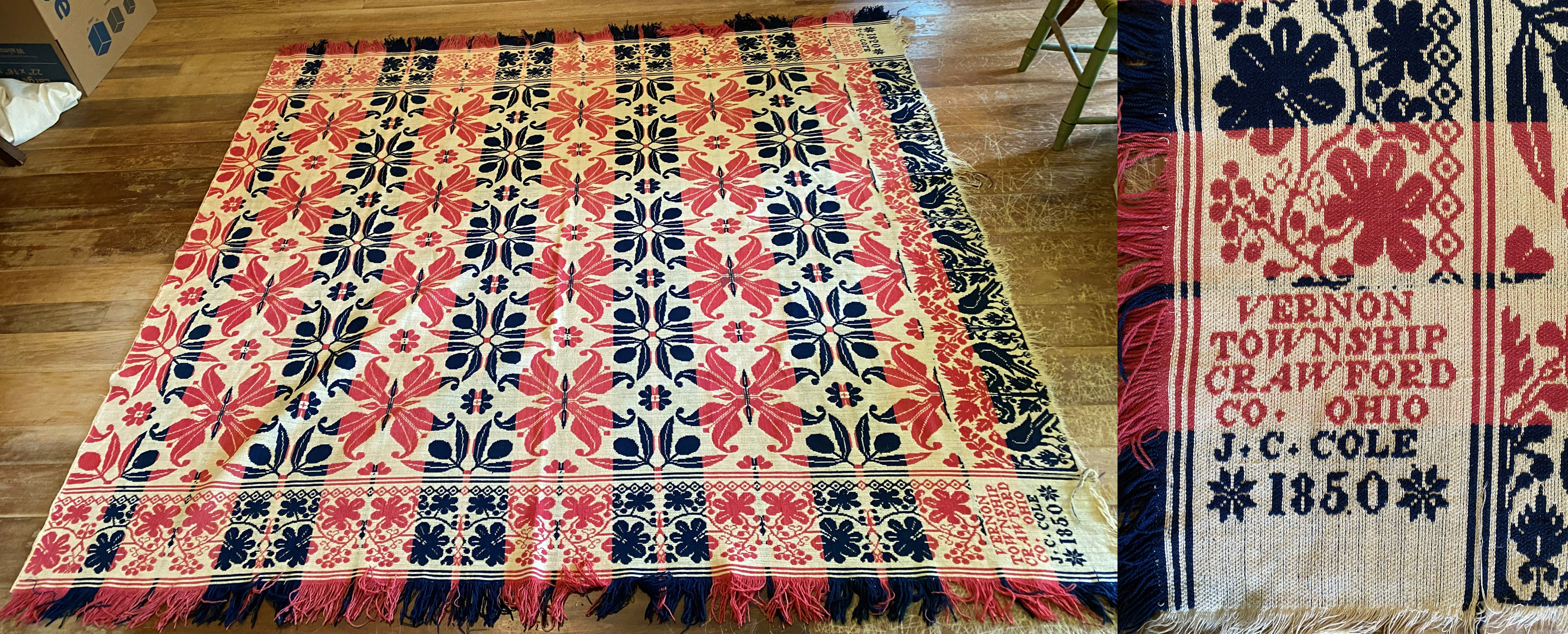 Appraisal: OH Jacquard coverlet in red blue and natural- block reads