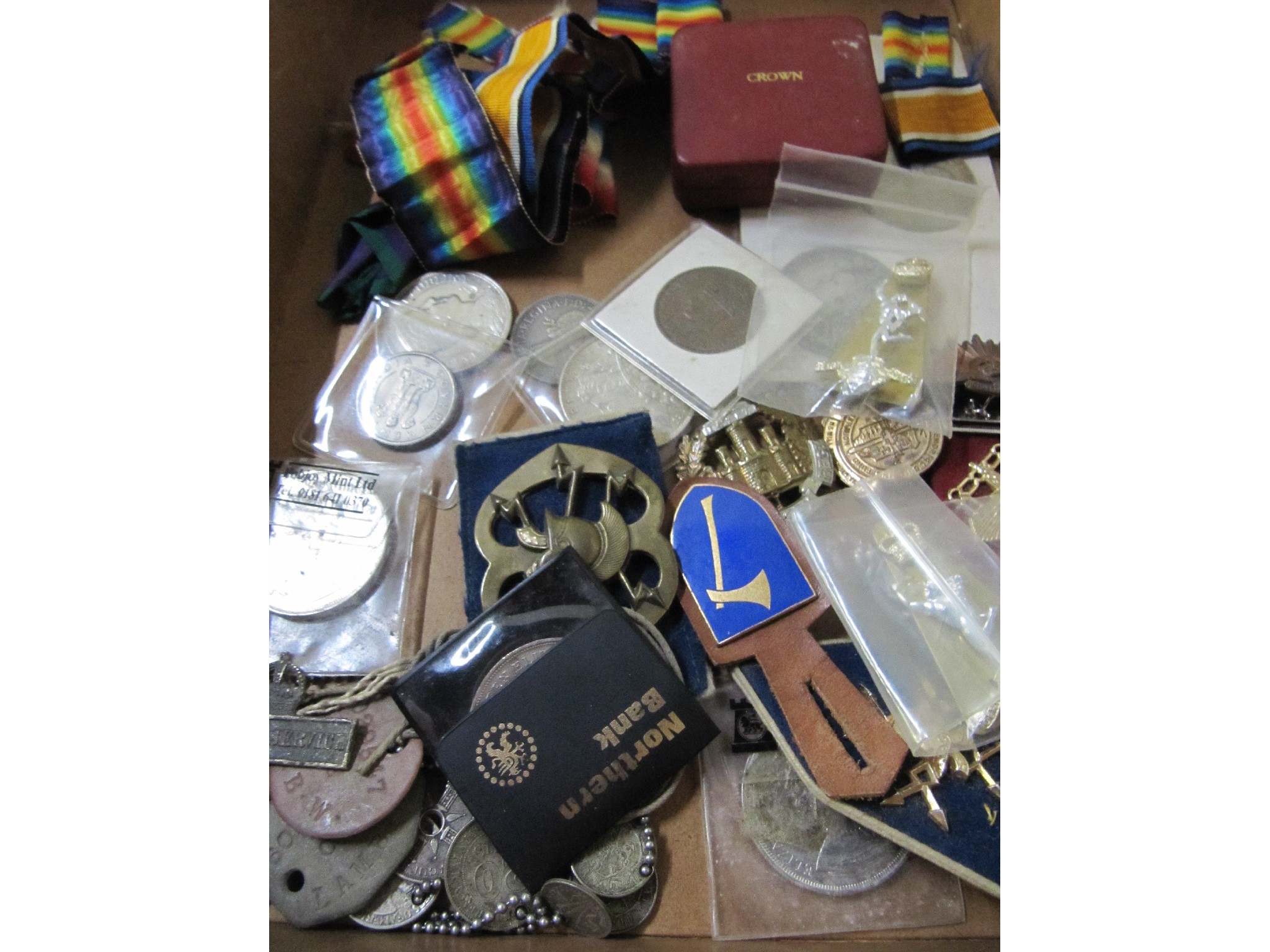 Appraisal: A lot comprising assorted coins badges medal ribbons etc