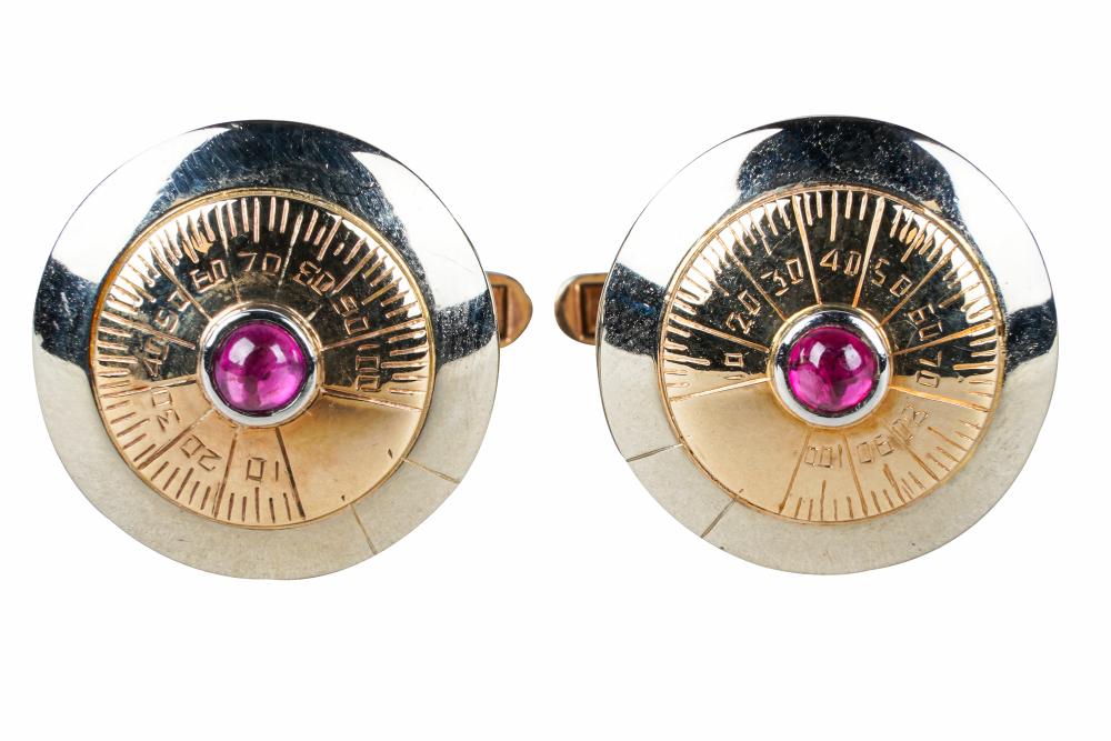 Appraisal: PAIR OF KARAT YELLOW WHITE GOLD RUBY CUFFLINKScontaining two round