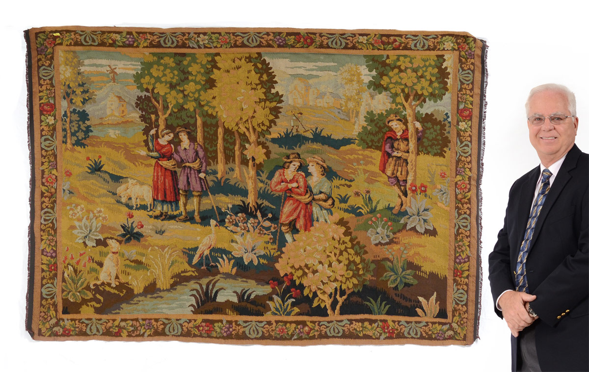 Appraisal: LARGE TH CENTURY NEEDLEPOINT TAPESTRY A colorful genre scene depicting