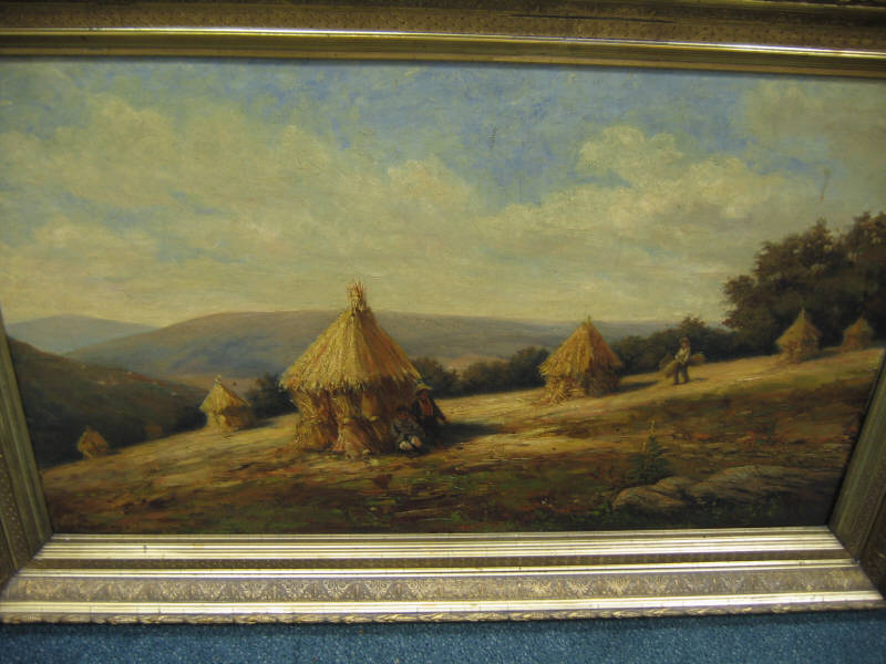 Appraisal: AMERICAN SCHOOL TH CENTURY HAYSTACKS oil on canvas signed indistinctly