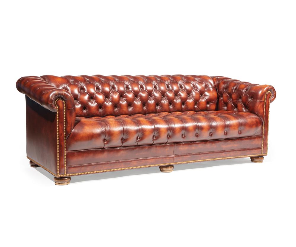 Appraisal: Leather Chesterfield Sofa labeled Hancock Moore tufted upholstery brass nailhead