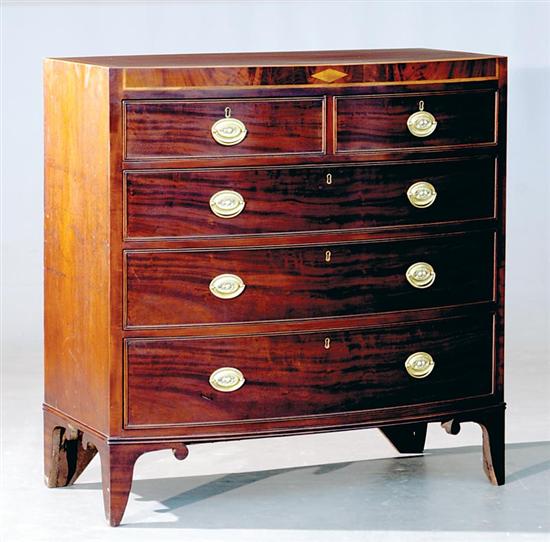 Appraisal: English inlaid mahogany bow front chest of drawers last quarter