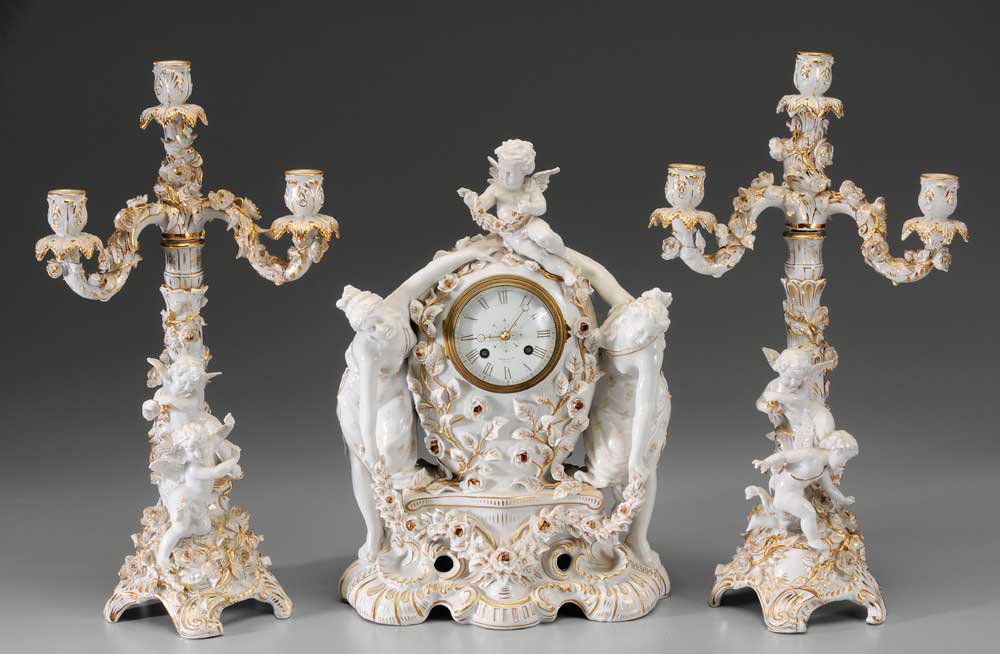 Appraisal: Tiffany Porcelain Clock and Garniture German late th early th