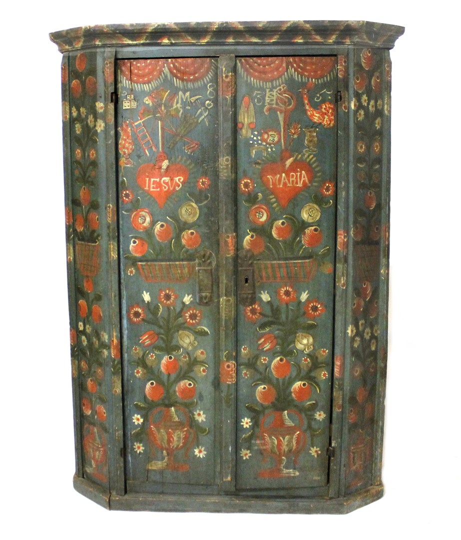 Appraisal: A th century European painted pine two door cupboard with