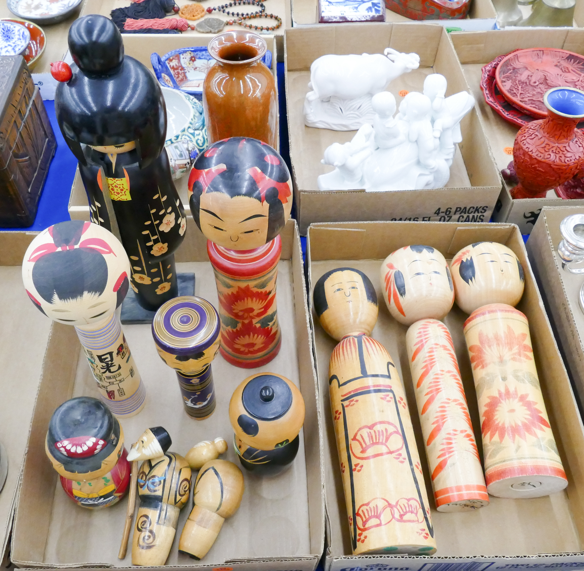 Appraisal: Boxes Japanese Wood Kokeshi Dolls