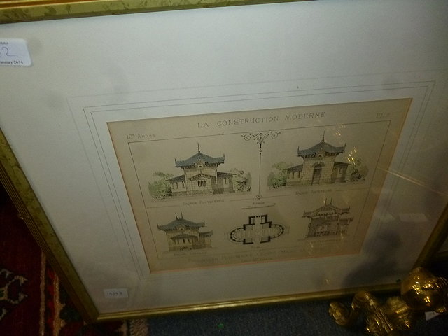 Appraisal: THREE DECORATIVE ARCHITECTURAL PRINTS and an oval gilt framed mirror