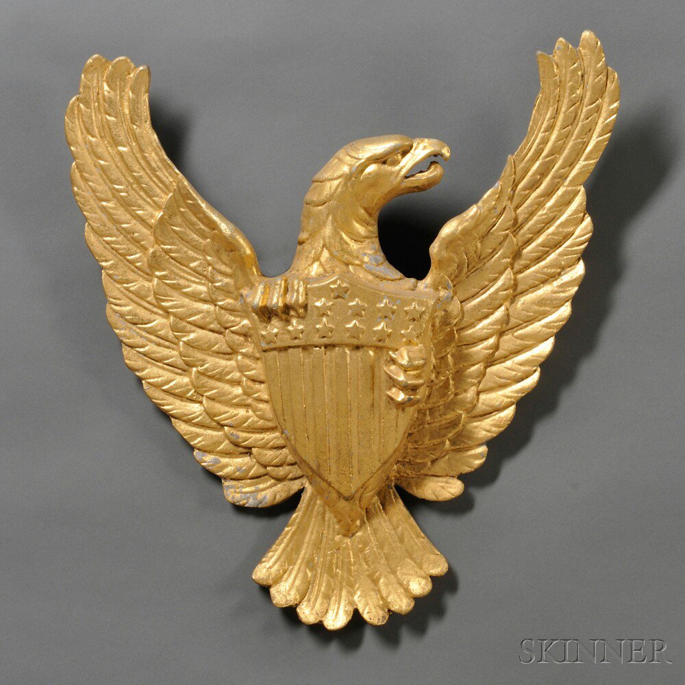 Appraisal: Gilt Cast Zinc Eagle Plaque spreadwing half-round figure clutching an