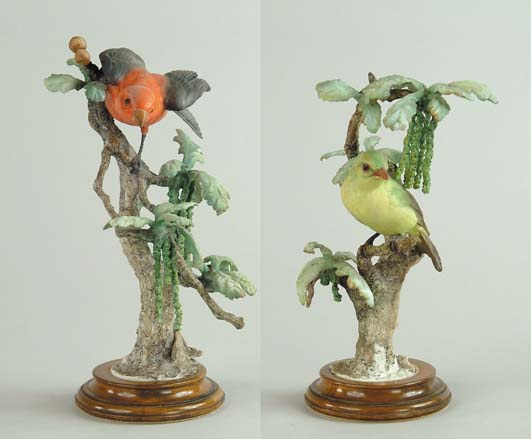 Appraisal: PAIR OF ROYAL WORCESTER PORCELAIN SCARLET TANAGERS MODELED BY DOROTHY