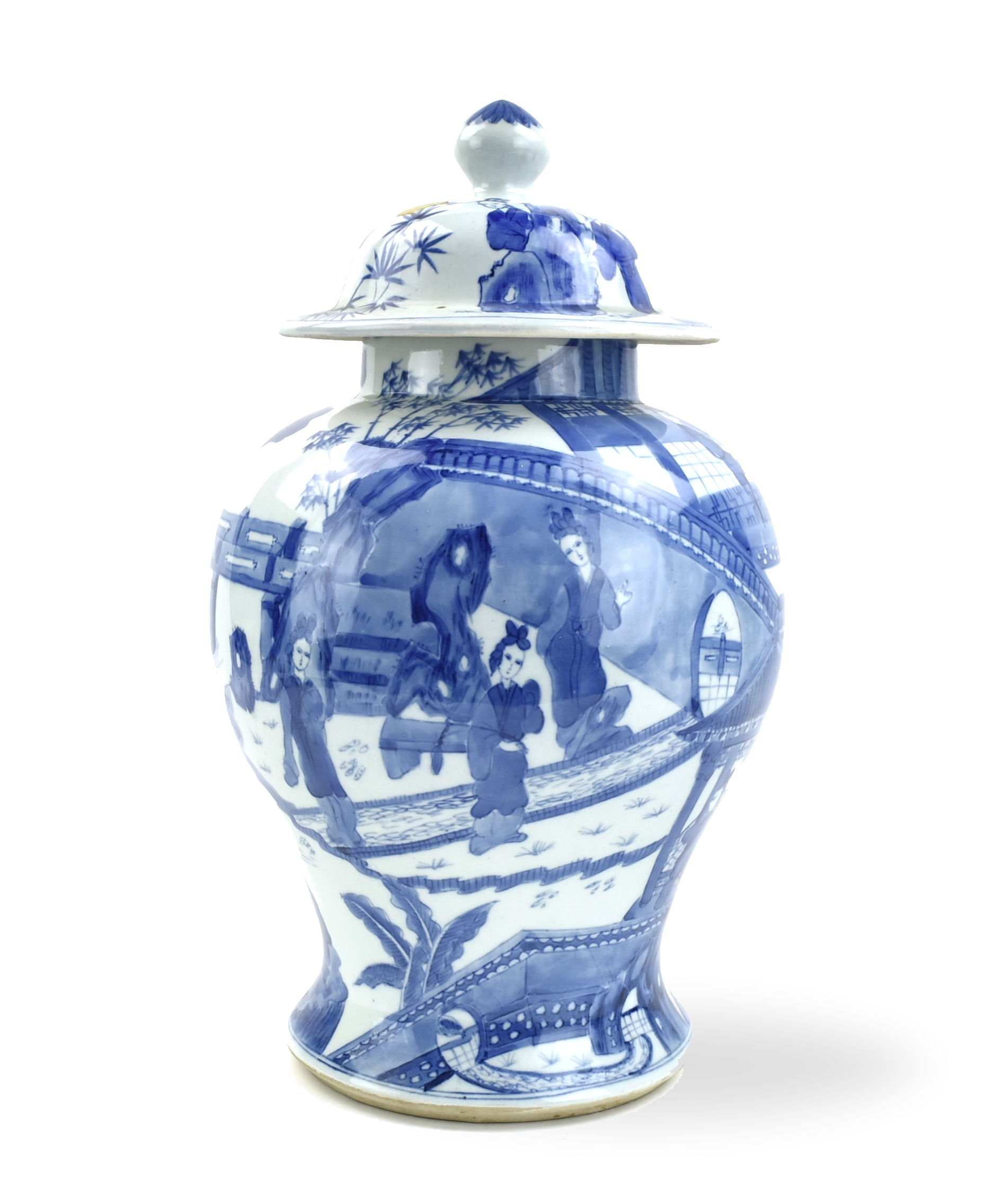 Appraisal: blue and white jar and cover with broad shoulders cover