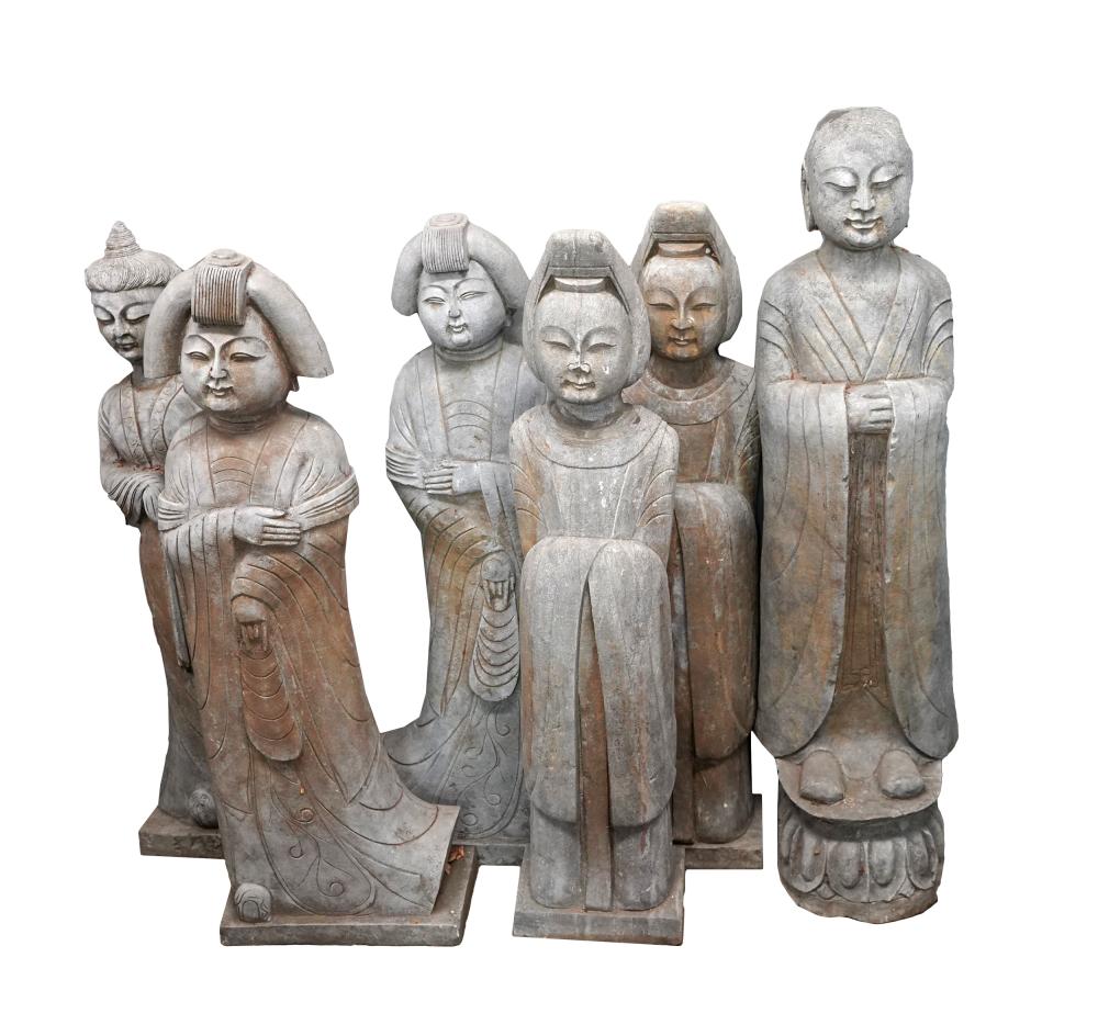 Appraisal: SIX CAST CEMENT CHINESE FIGURESstained and incised Condition in need