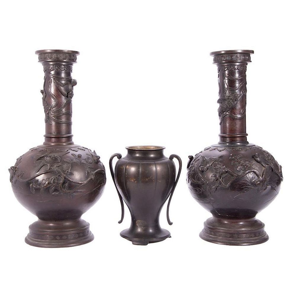 Appraisal: Pair Asian Bronze Long Neck Vases Single Bronze Vase Pair